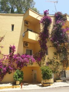 un bâtiment avec des fleurs violettes sur son côté dans l'établissement Drosia Hotel, à Georgioúpoli