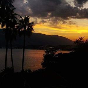 a sunset with two palm trees and a body of water at Guest House Topla in Herceg-Novi