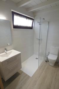 a bathroom with a shower and a sink and a toilet at Cabanas Da Barcela in Barreiros