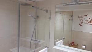 a shower with a glass door in a bathroom at Ankerplatz am Südstrand, Fewo mit 2 Schlafzimmer und eigenen Strandkorb in Binz