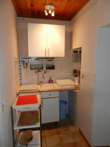 a small kitchen with white cabinets and a sink at Gîte ROSIDAJEAN in Gresse-en-Vercors