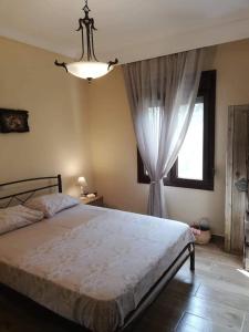 a bedroom with a bed and a window and a chandelier at John and Tania's Garden in Prinos