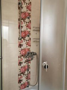 ducha con puerta de cristal y papel pintado con motivos florales en Dzīvoklis Vecpilsētā, en Bauska