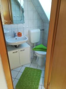a small bathroom with a sink and a toilet at Ferienwohnung Düne in Ostseebad Sellin