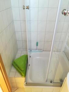 a shower with a green rug in a bathroom at Ferienwohnung Düne in Ostseebad Sellin
