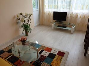 a living room with a glass table and a television at Apartment Dima in Varna City