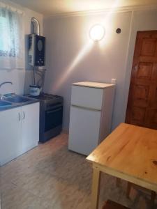 Una pequeña cocina con nevera y mesa. en Guest House Ilia, en Borjomi