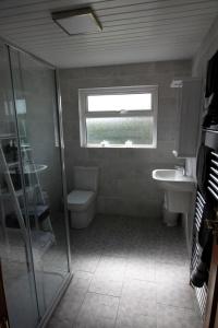 bagno con servizi igienici, lavandino e finestra di Maggies Cottage a Bushmills