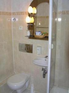 a bathroom with a toilet and a sink at Hotel Chrobry in Łęczyca