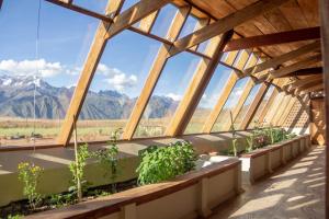 a greenhouse with plants and mountains in the background at Casa 100% ecológica con vista a los glaciares andinos in Maras +13 photos