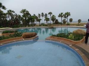 a large swimming pool with palm trees in the background at Nalla Eco Beach Resort in Pondicherry