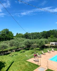 un patio con piscina, sillas y árboles en Seregnér Agricamping - Adults Only 18 - solo piazzole libere per camper, tende e roulotte, en Monzambano