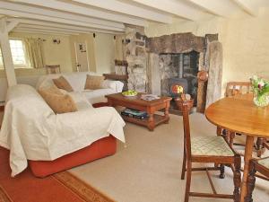 a living room with a couch and a fireplace at Woodpecker Cottage in Helston