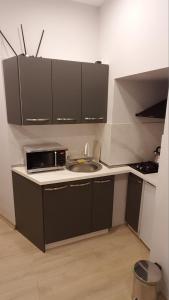 a kitchen with a sink and a microwave at Kita's apartment in Tbilisi City