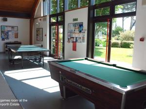 a pool table in a room with two ping pong tables at Pine Cottage in Falmouth