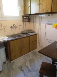 a kitchen with wooden cabinets and a sink at Galaxy Apartments in Aliki