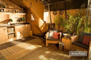 a room with a tent with a chair and plants at Dancamps Trelde Naes in Fredericia