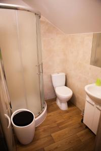 La salle de bains est pourvue d'une douche, de toilettes et d'un lavabo. dans l'établissement "U Mamy Róży" - Pokoje Gościnne, à Reda