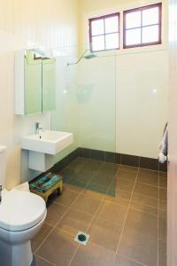 a bathroom with a toilet and a sink and a shower at Kenilworth Cottage Barcaldine in Barcaldine