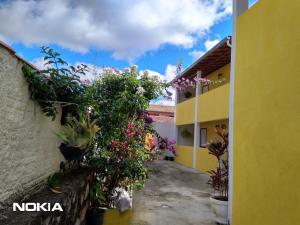 a courtyard of a house with flowers and plants at O Pouso Condomínio in Mucugê