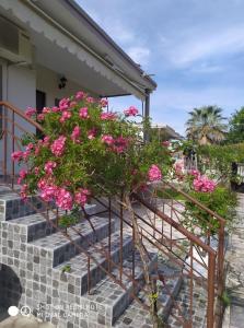 un cespuglio di fiori rosa sulle scale di una casa di Villa Soula a Paralía Avdhíron