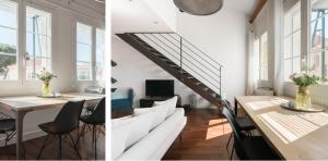 duas fotos de uma sala de estar com uma mesa e uma escada em Central Cannes Loft - 15 min Palais des Festivals em Cannes