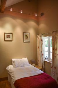 a bedroom with a bed and a window at Burnhaies Farm Coach House in Cullompton