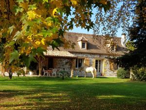 a house with a white horse standing in the yard at Chambres d'Hotes Carpediem in Prigonrieux