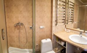 a bathroom with a shower and a toilet and a sink at мини-отель Травертин in Chornomorsk +41 photos