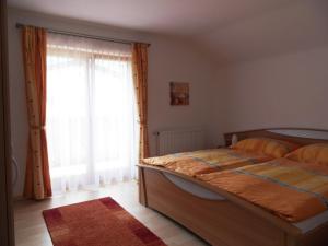 a bedroom with a bed and a large window at Ferienwohnung Konrad Pfeifer in Schruns