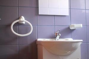 uma casa de banho com lavatório, espelho e azulejos roxos em Caçula, Alojamento Local em Torre de Moncorvo