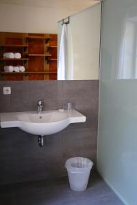 a bathroom with a sink and a trash can at Hotel Schwarzer Adler Sillian in Sillian