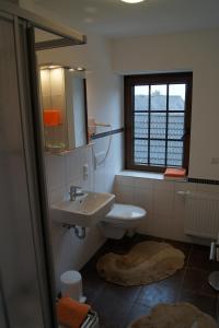 a bathroom with a sink and a toilet and a window at Pension Loni Theisen in Kelberg