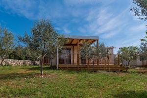 a cabin in a field with a tree at Kamp PUNTA JERTA in Krk