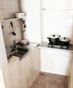 a kitchen with a sink and two pots and pans at Guesthouse Eco Chakvi in Chakvi