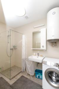 a bathroom with a shower and a sink and a washing machine at AMI Penthouse in Palanga