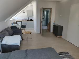 a living room with a couch and a kitchen at Ostrowianka in Ostrowo