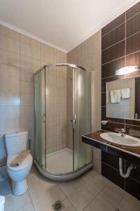 a bathroom with a shower and a toilet and a sink at Niki Apartments in Chrysi Ammoudia +54 photos