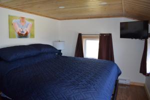 - une chambre avec un lit bleu et une télévision à écran plat dans l'établissement Bird Island B&B, à Elliston