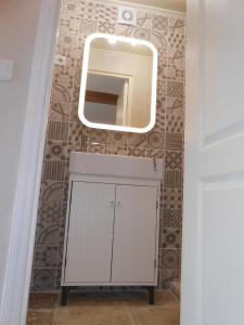 uma casa de banho com um lavatório e um espelho na parede em Chambre d´hote En Famille em Bayeux