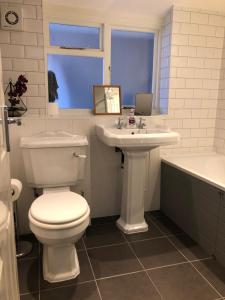 a bathroom with a toilet and a sink and a tub at A quaint Wymondham cottage in Norwich