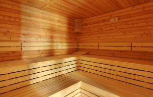 eine große Holzsauna mit Holzböden und -decken in der Unterkunft The Vineyards Boutique Hotel & SPA in Aheloy