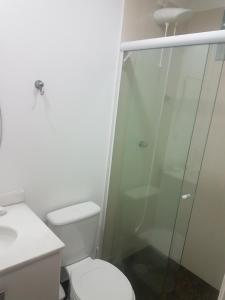 La salle de bains est pourvue de toilettes et d'une douche en verre. dans l'établissement Ap pé na areia frente praia Costa do sol, à Praia Grande
