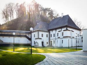 a white house with a black roof and a lawn at Víkendový dom - Divín in Divín