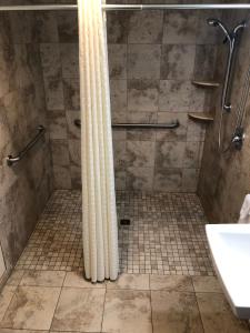 y baño con ducha y cortina de ducha. en Yellowstone Big Rock Inn, en Gardiner