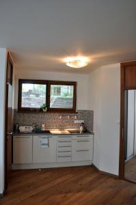 cocina con fregadero y ventana en Bratislava Castle Hill Apartment en Bratislava