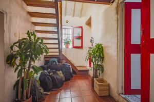 a room with a bunch of luggage sitting on a floor at Botanico Hostel in Bogotá