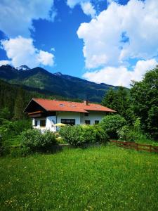 a house with a red roof in a green field at Haus Edlinger in Hinterstoder