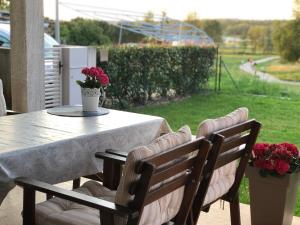 a table with two chairs and a table with flowers at Apartment Vita in Funtana