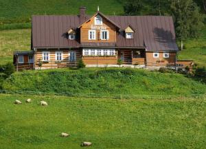 a large wooden house on a hill with sheep in a field at Chata Šohajka in Pec pod Sněžkou